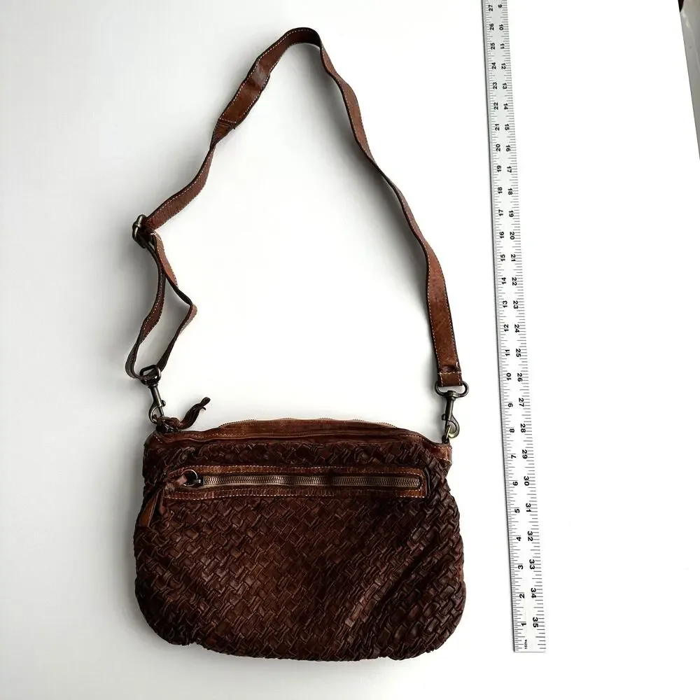 Langelotti Italian Made‎ Woven Brown Leather Crossbody Bag Purse
